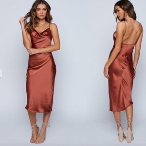 Satin Midi Dress in Rust